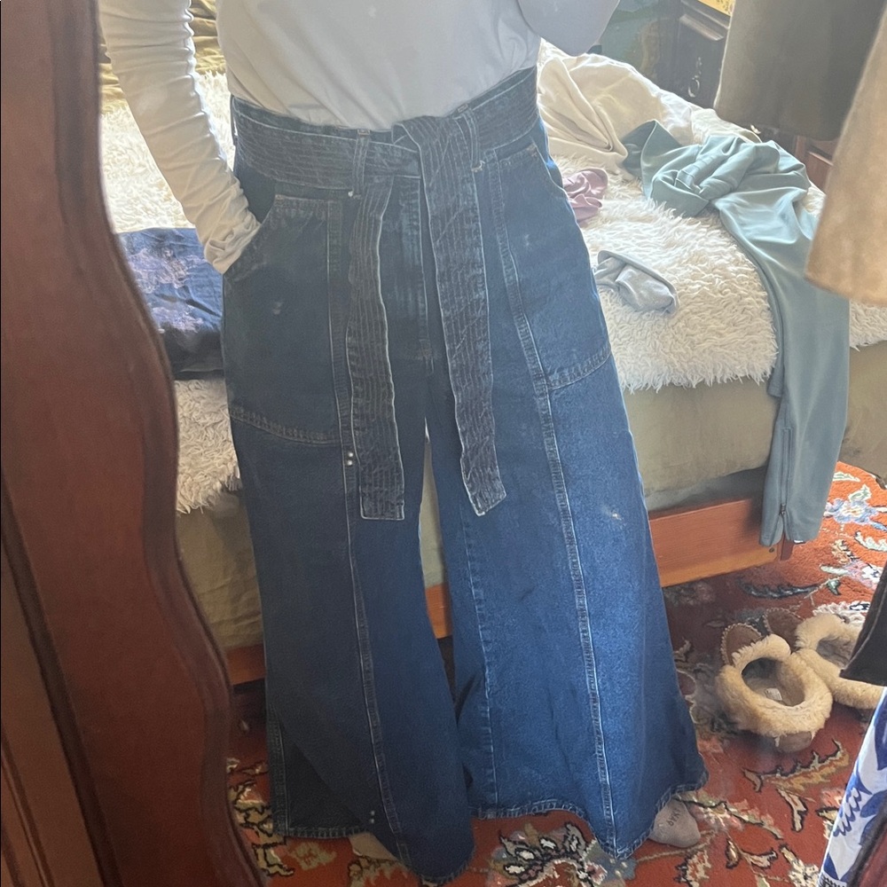 FARM RIO Wide-Leg High-Waist Belted Dark Blue Women’s Jeans